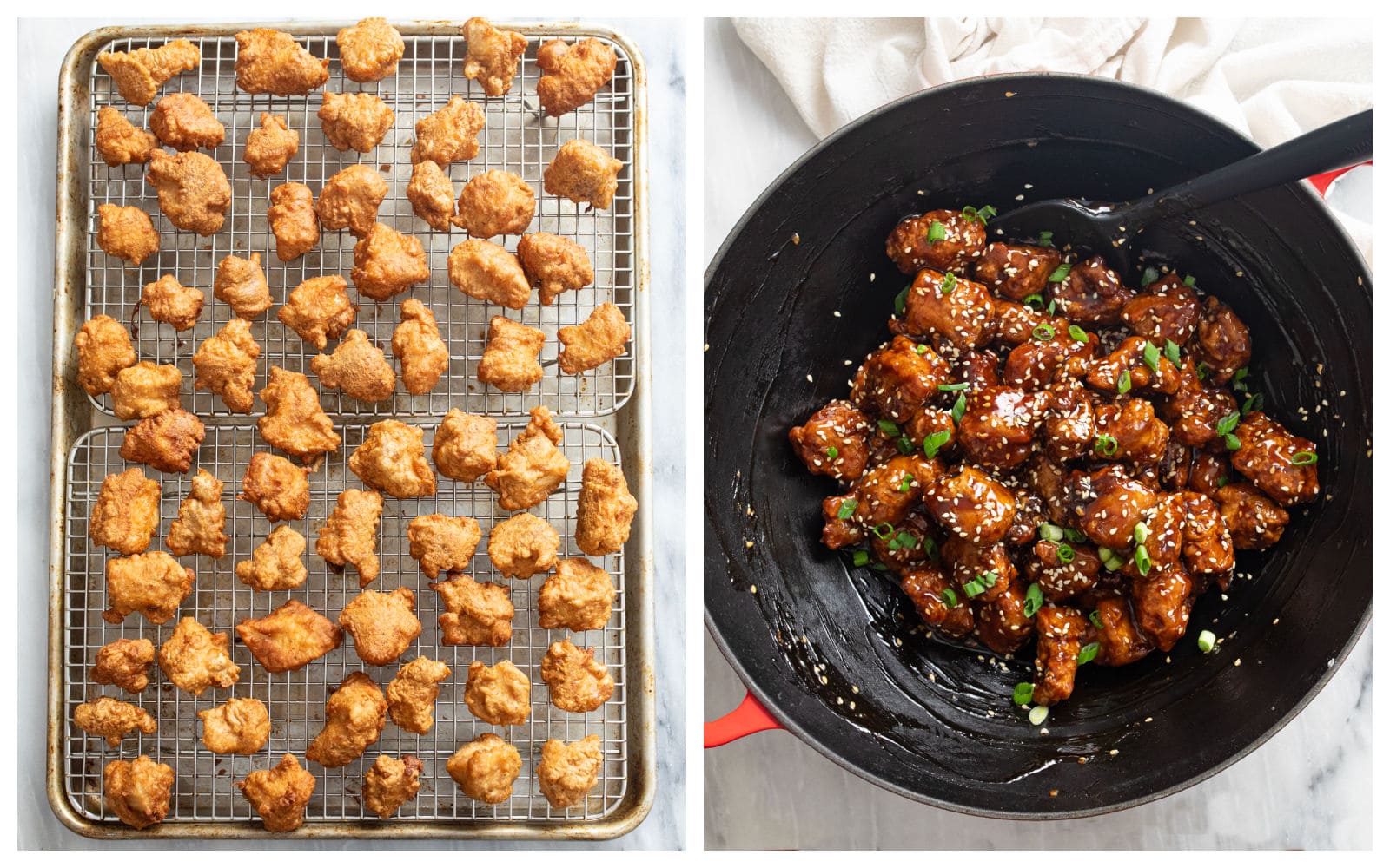 Crispy fried cubed chicken on cooling racks next to a wok filled with Sesame Chicken.