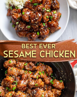 A collage of Sesame Chicken in a white bowl and in a wok with a label in the middle.