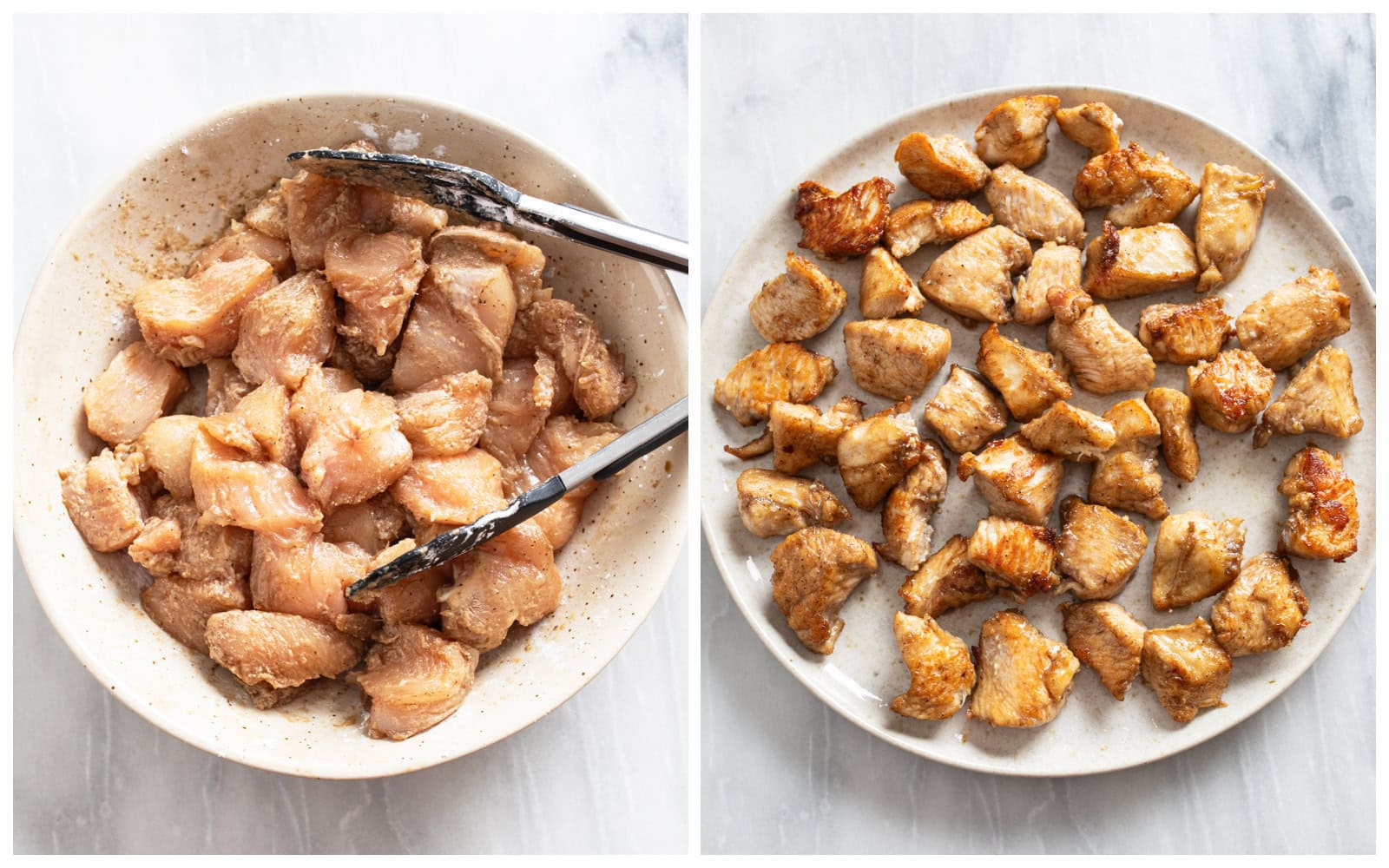 A bowl of seasoned chicken coated in cornstarch next to a plate of seared chicken.