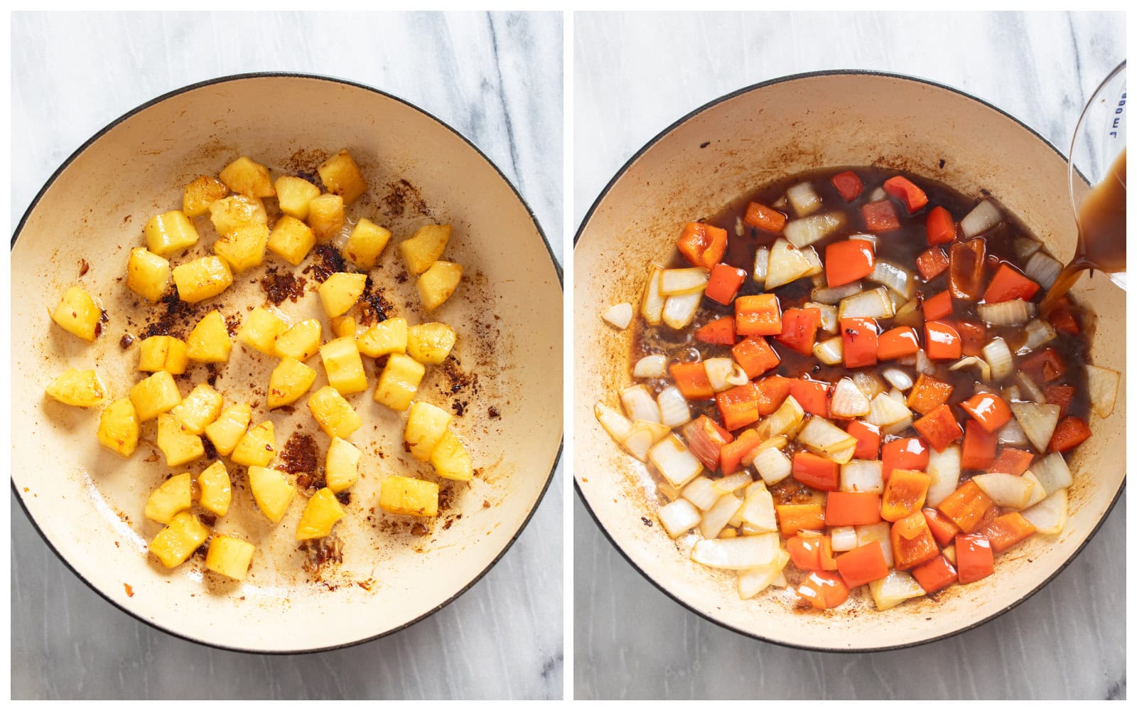A skillet with pineapple chunks next to a skillet with sautéed onions and peppers with sauce being added.