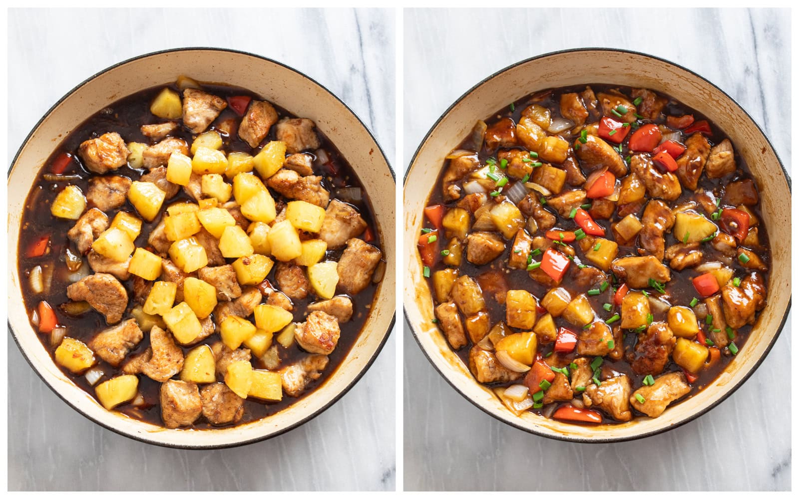 A skillet with chicken and pineapple being added next to a skillet of finished Pineapple Chicken.