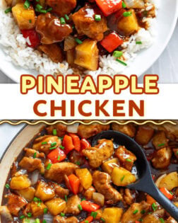 A collage of pineapple chicken in a white bowl and in a skillet with a serving spoon.