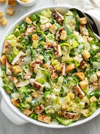 Chicken Caesar Salad in a white bowl with grilled chicken parmesan cheese, homemade dressing, and homemade croutons.