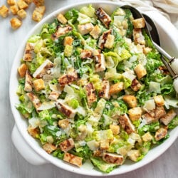 Chicken Caesar Salad in a white bowl with romaine lettuce, grilled chicken parmesan cheese, homemade dressing, and homemade croutons.