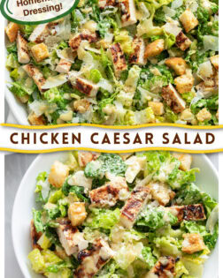 A collage of Chicken Caesar Dressing in a serving bowl and in a white individual bowl.