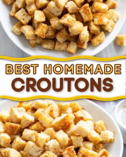 A collage of homemade croutons in a white bowl from a side view and overhead view.