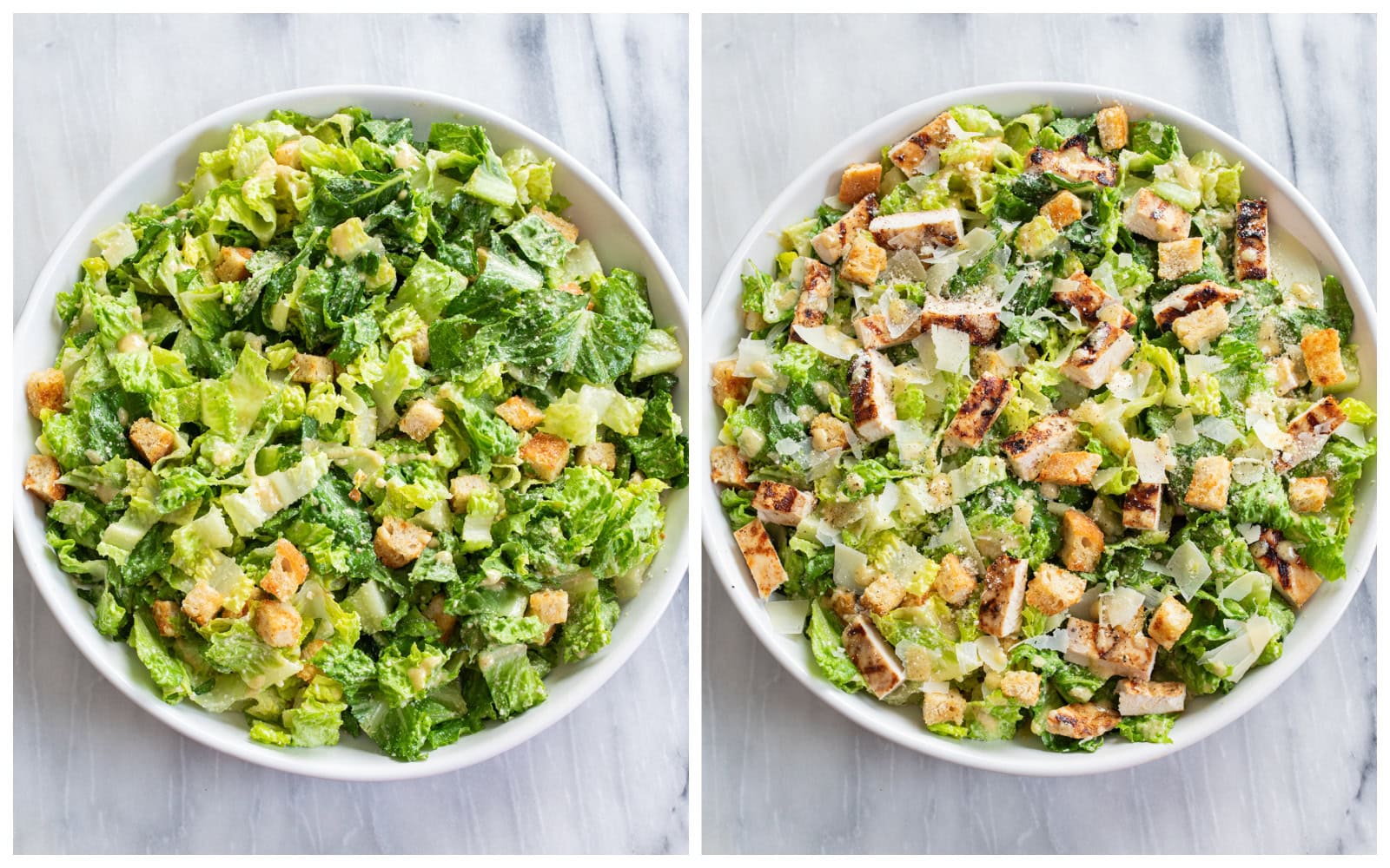 A bowl of Caesar Salad before and after topping with grilled chicken and shaved Parmesan.