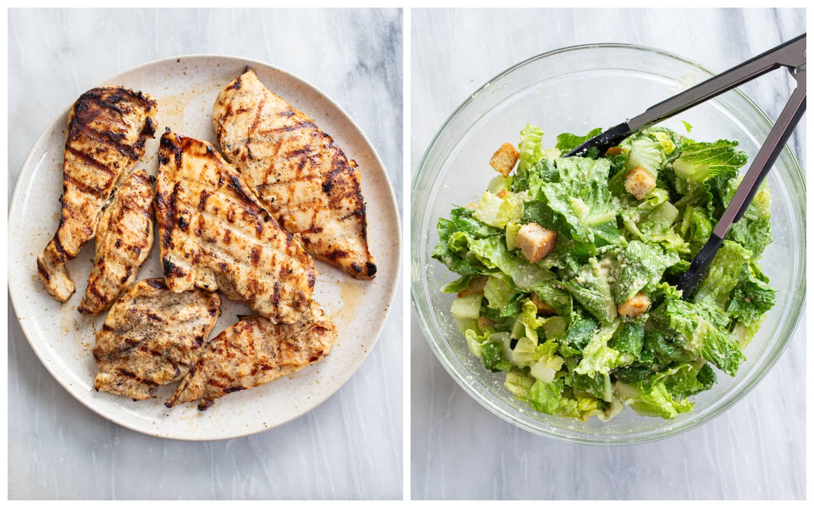 A plate of grilled chicken next to a bowl with lettuce, dressing, croutons, and parmesan cheese.