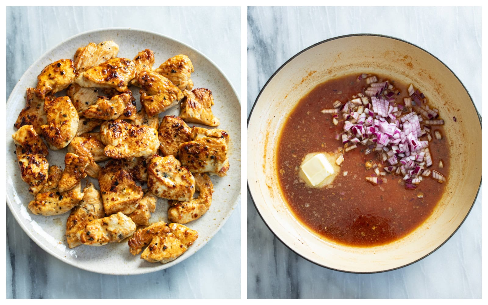 A plate of seared chicken pieces next to a skillet with reduced wine, red onions, and butter.