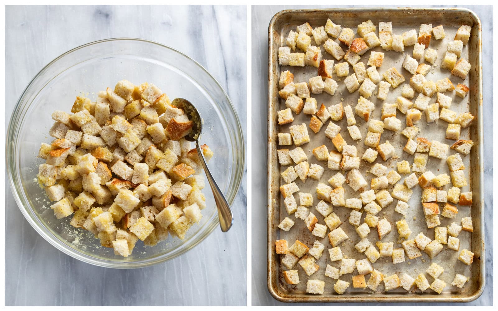 Cubed bread in a glass bowl next to a baking sheet with unbaked croutons.