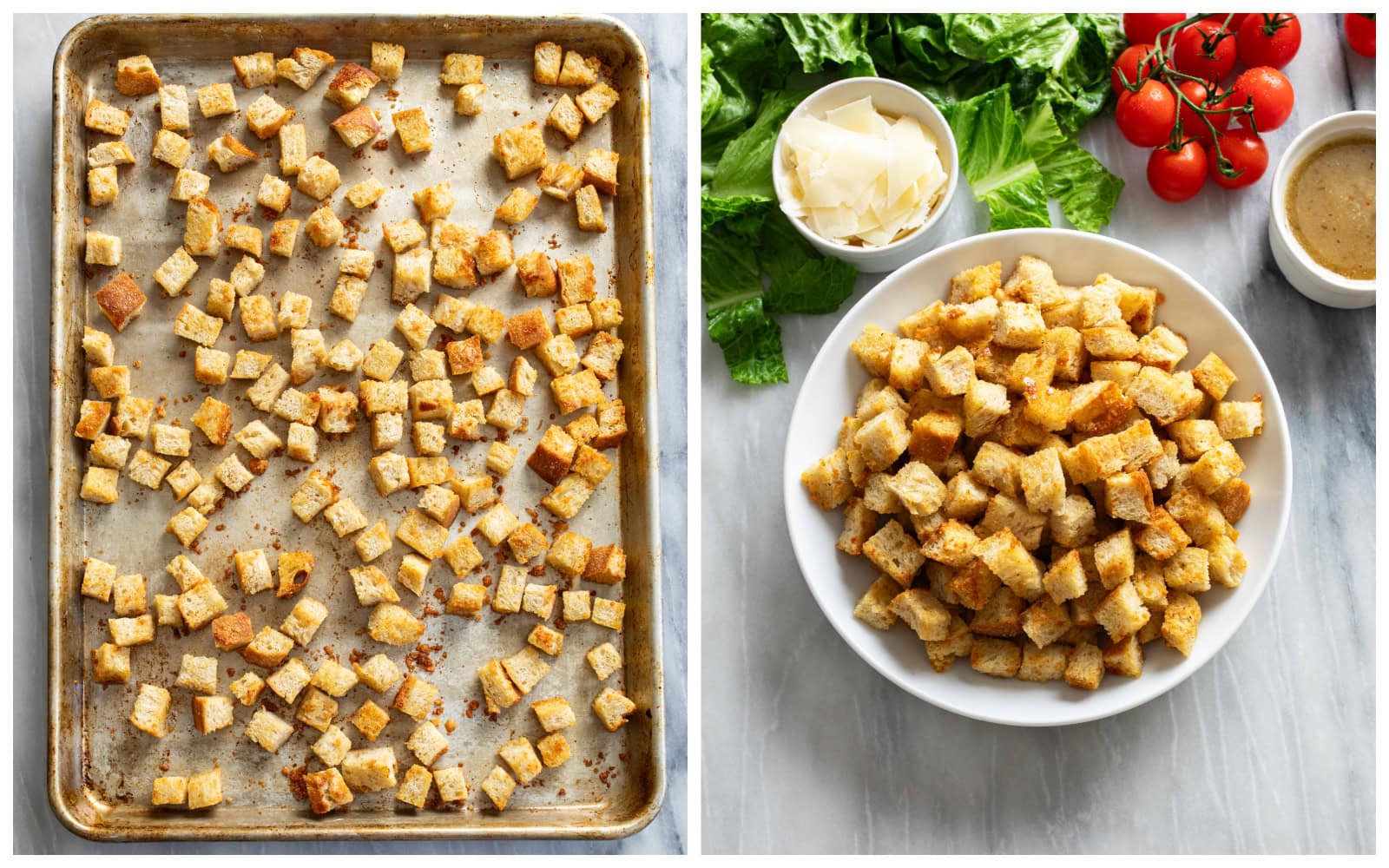 A baking sheet of baked croutons next to a white bowl filled with Homemade Croutons.