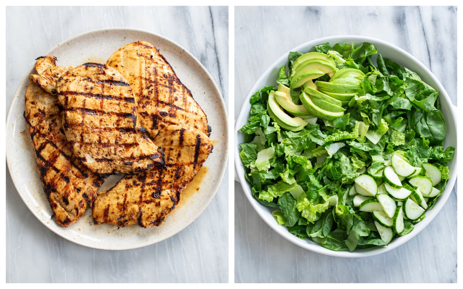 A plate of grilled chicken next to a bowl of mixed greens, avocado, and cucumber slices.
