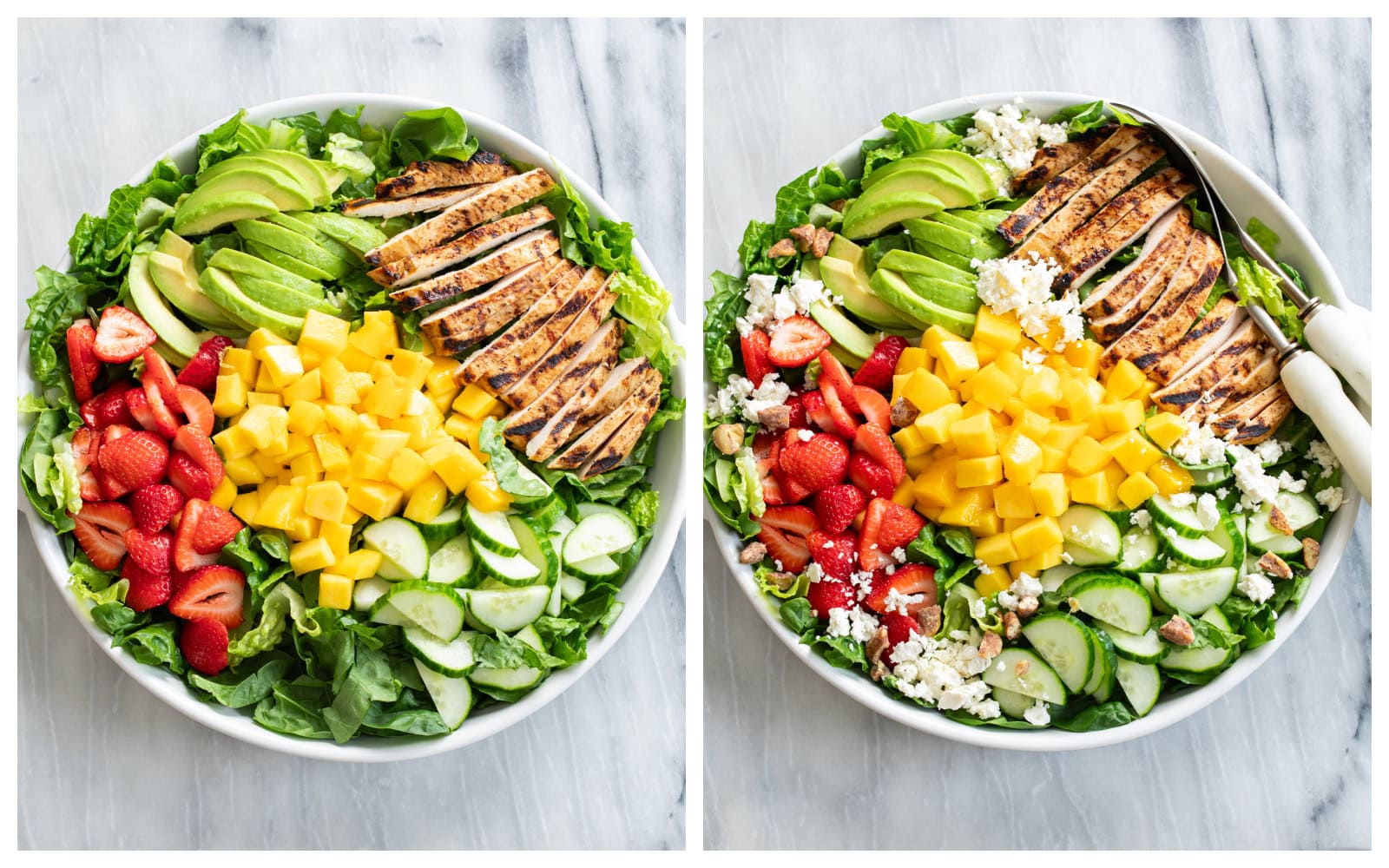 A mango salad in a bowl before and after being topped with feta and pecans.