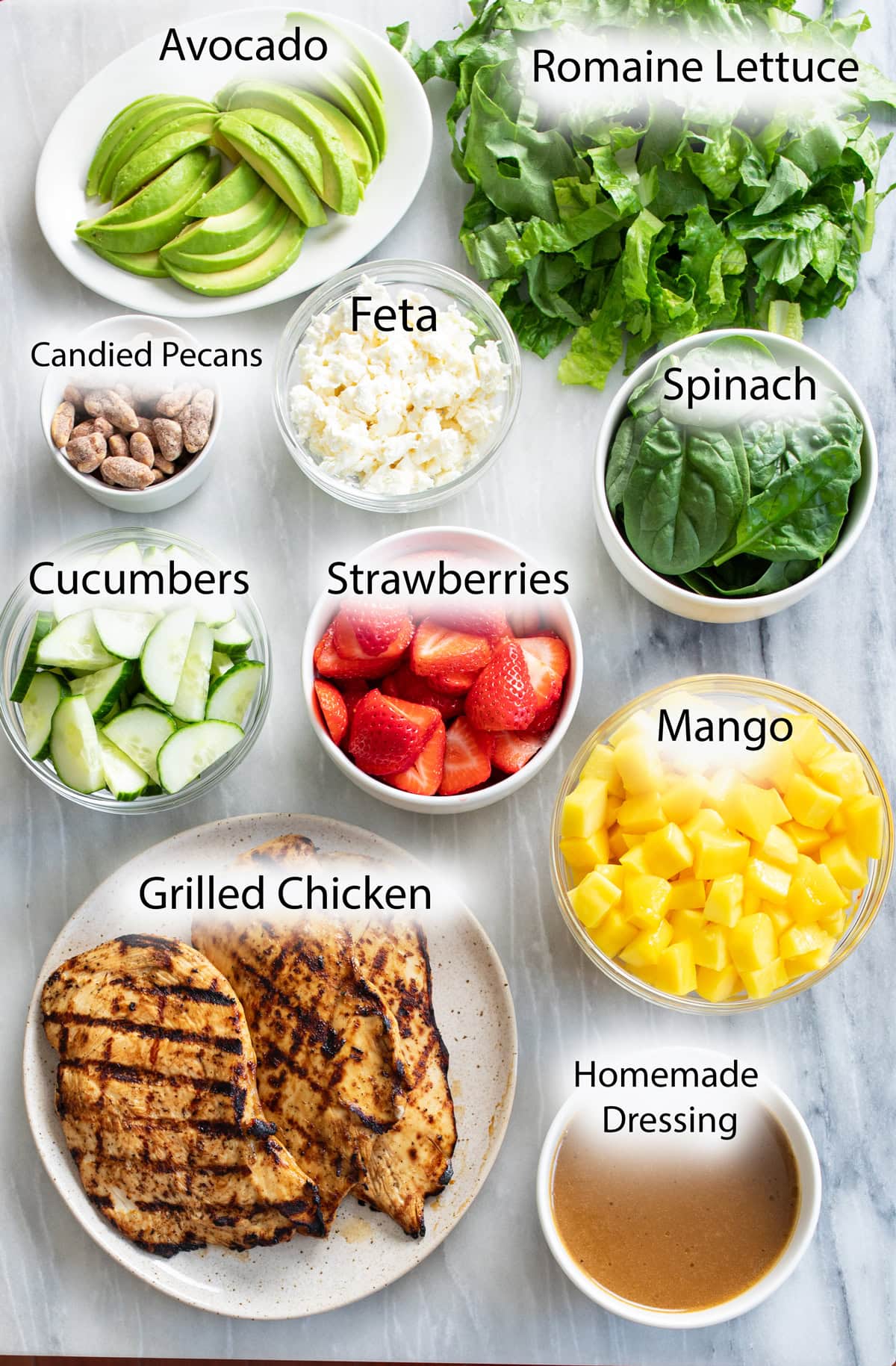 Overhead view of ingredients for making Mango Salad with homemade dressing.