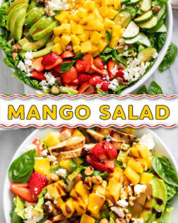 A collage of Mango Salad in a white serving platter and in a white serving bowl.