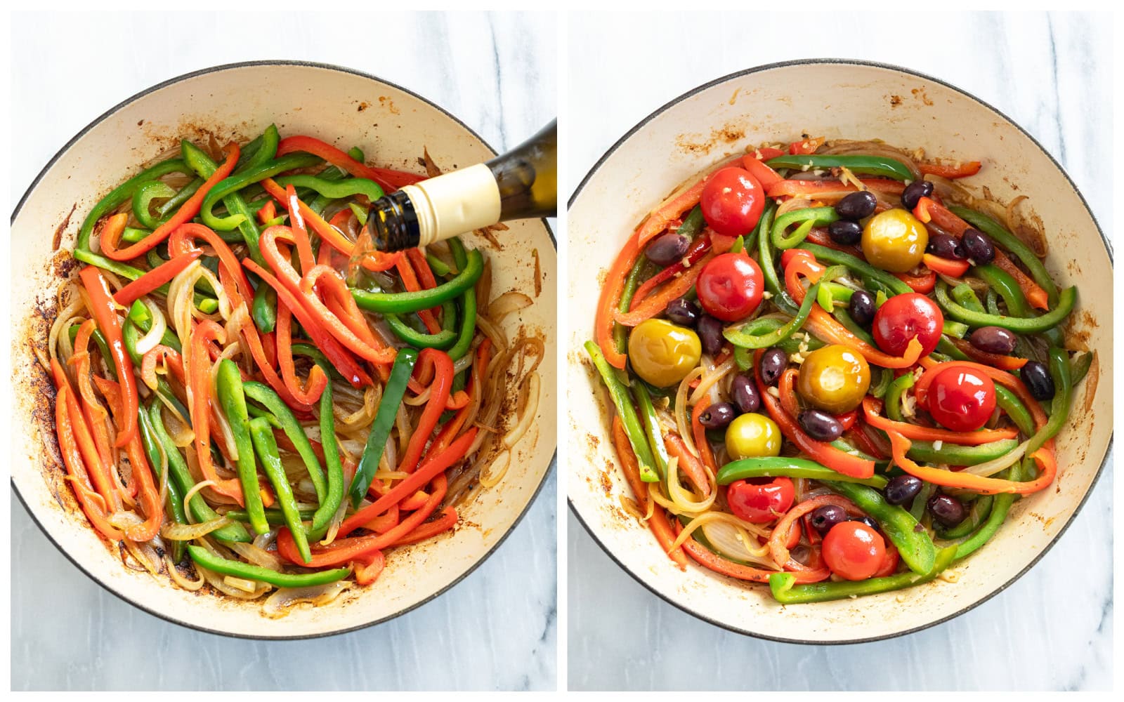 A skillet with cooked onions and peppers next to the same skillet after cherry peppers and olives are added.