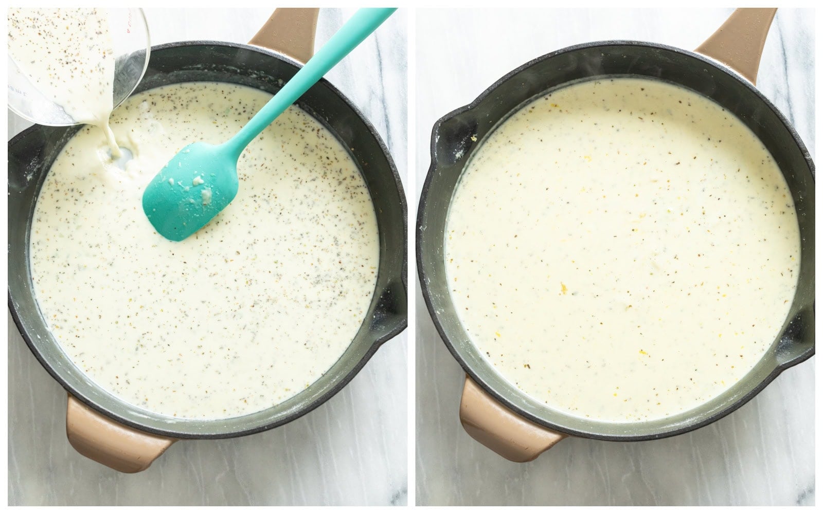 Adding sauce to a skillet and reducing it to make a cream sauce for lemon shrimp pasta.