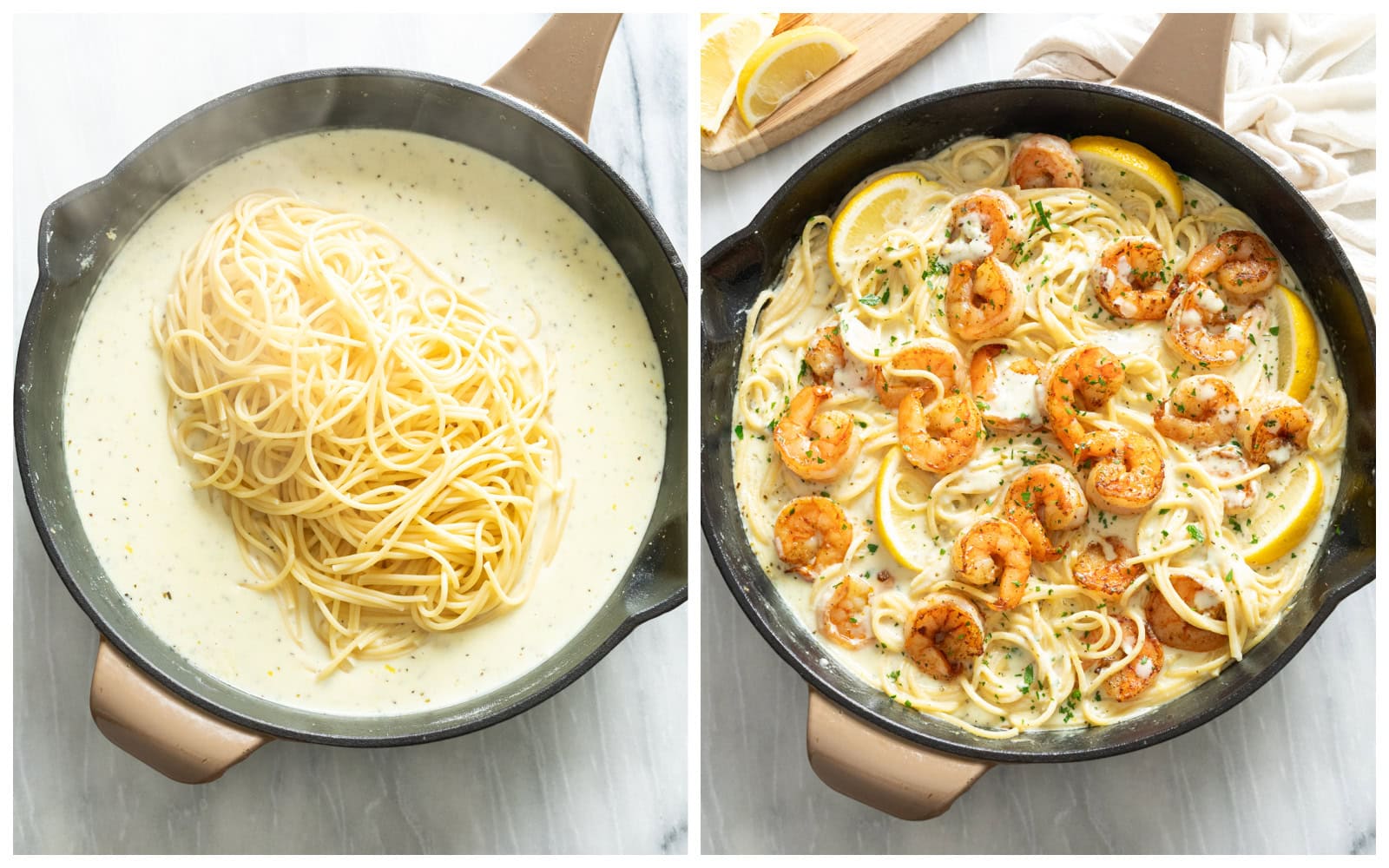 A skillet with spaghetti being added to a creamy sauce next to a completed dish of Lemon Shrimp Pasta.